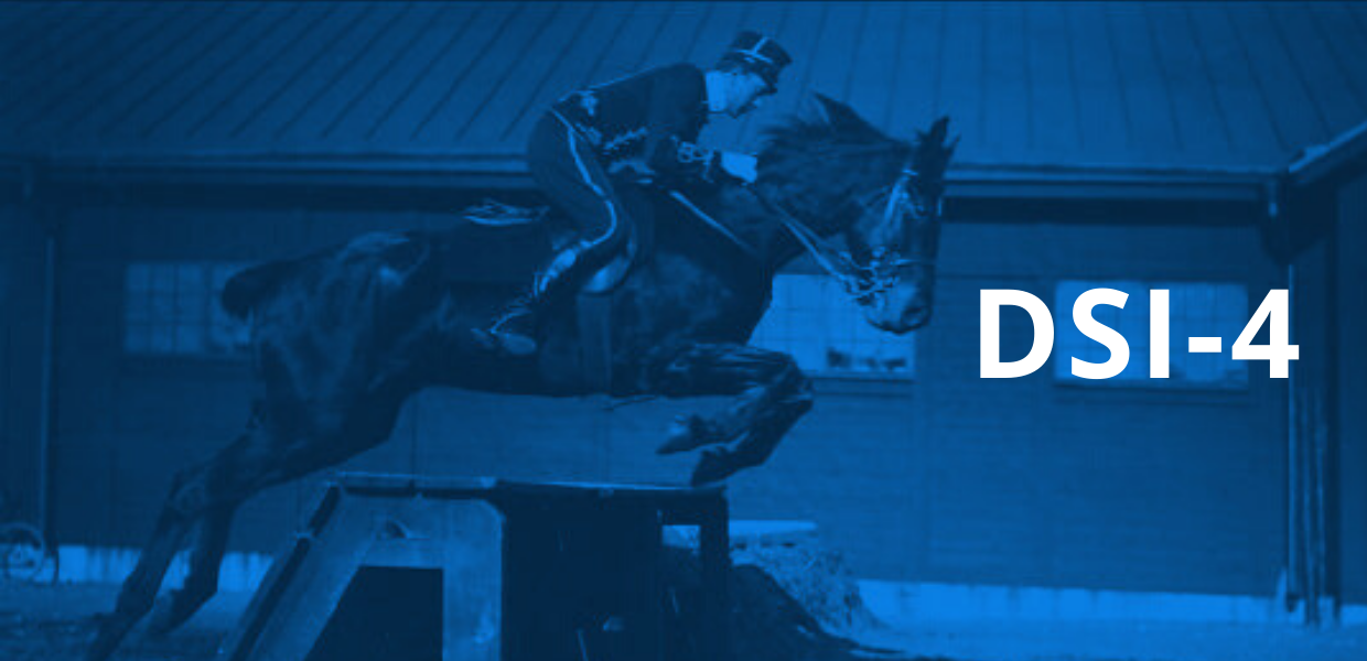A rider on a horse jumping over a fence, overlaid with blue and the word DSI-4